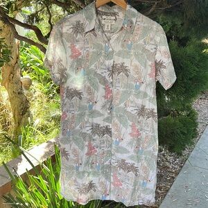 Rachel Zoe women’s Tropical Print Shirt dress w/pockets! 100%linen - beige/green
